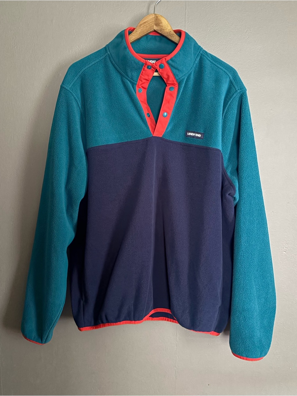 Lands' End Teal & Navy Snap-Front Fleece Pullover Size Large